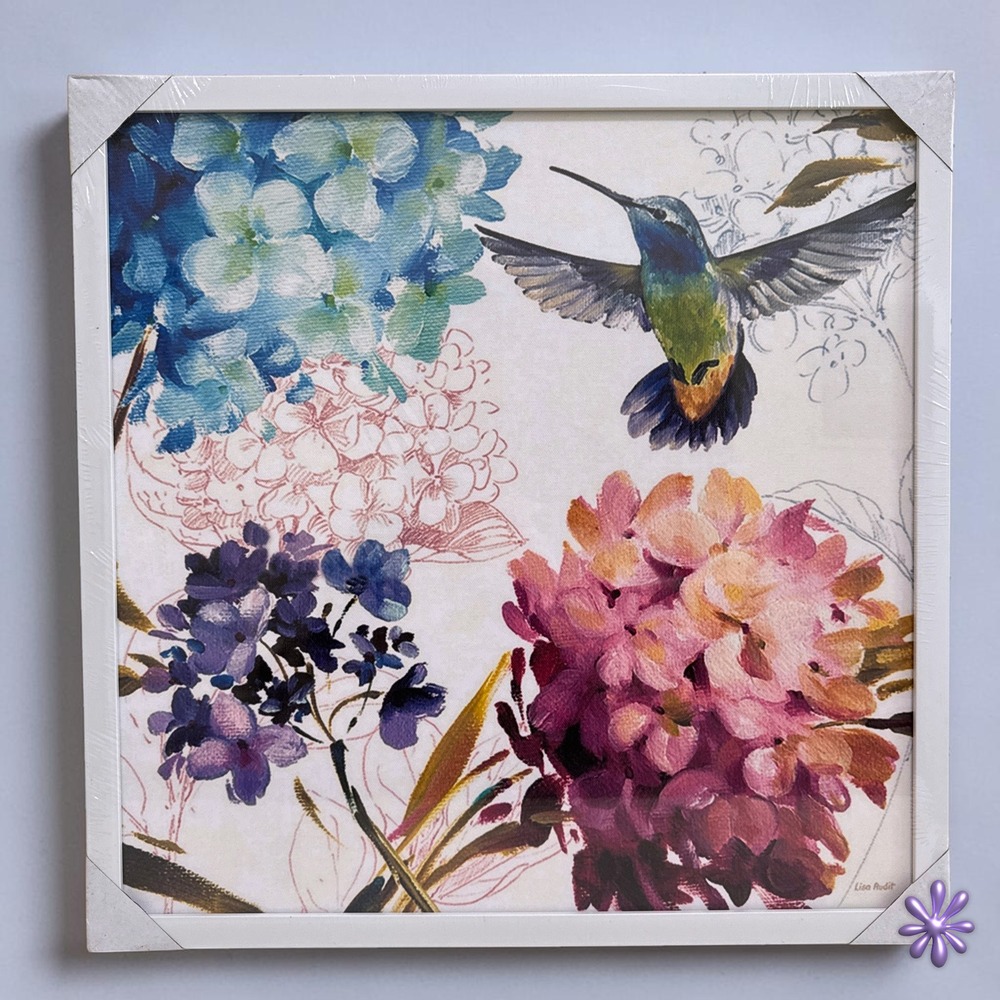 LISA AUDIT "Spring Nectar Square III" Hummingbird Floral Canvas Art 18x18 Framed